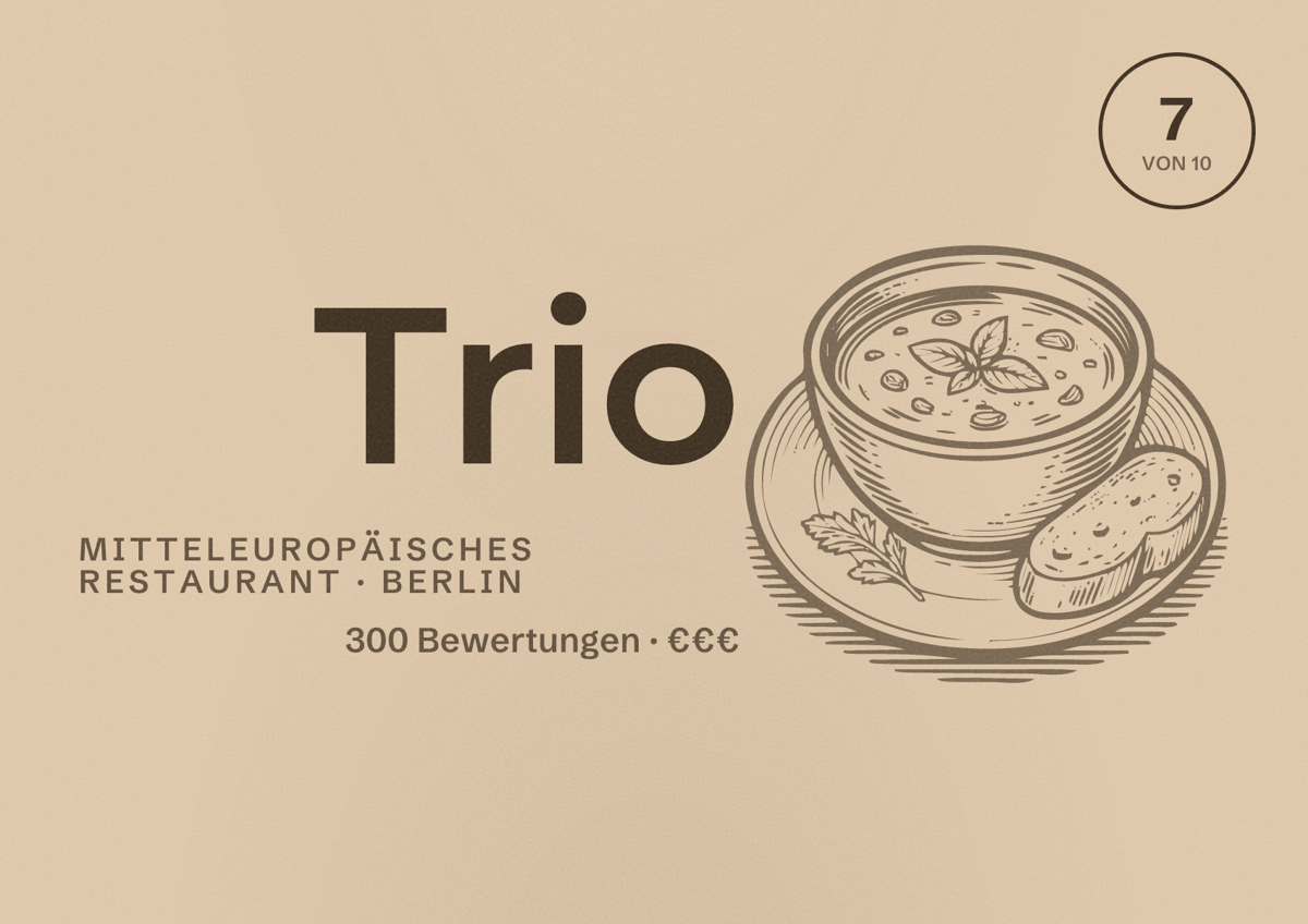 Illustriertes Poster von Trio, Mitteleuropäisches Restaurant in Berlin: Bewertung 7 von 10 aus 300 Bewertungen, Preisniveau €€€