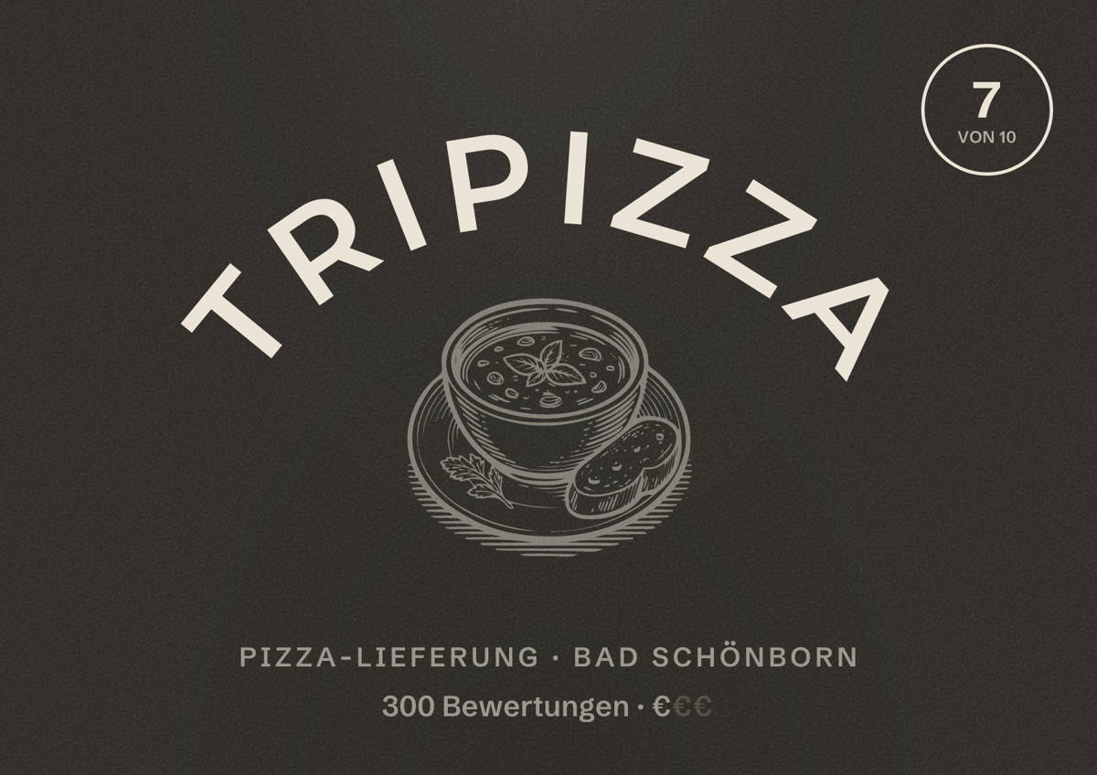 Illustriertes Poster von Tripizza, Pizza-Lieferung in Bad Schönborn: Bewertung 7 von 10 aus 300 Bewertungen, Preisniveau €