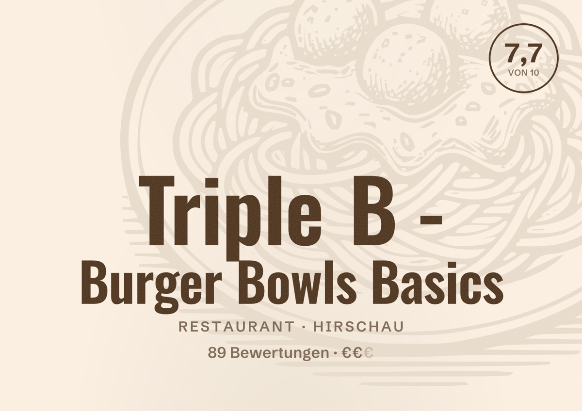 Illustriertes Poster von Triple B - Burger Bowls Basics, Restaurant in Hirschau: Bewertung 7,7 von 10 aus 89 Bewertungen, Preisniveau €€