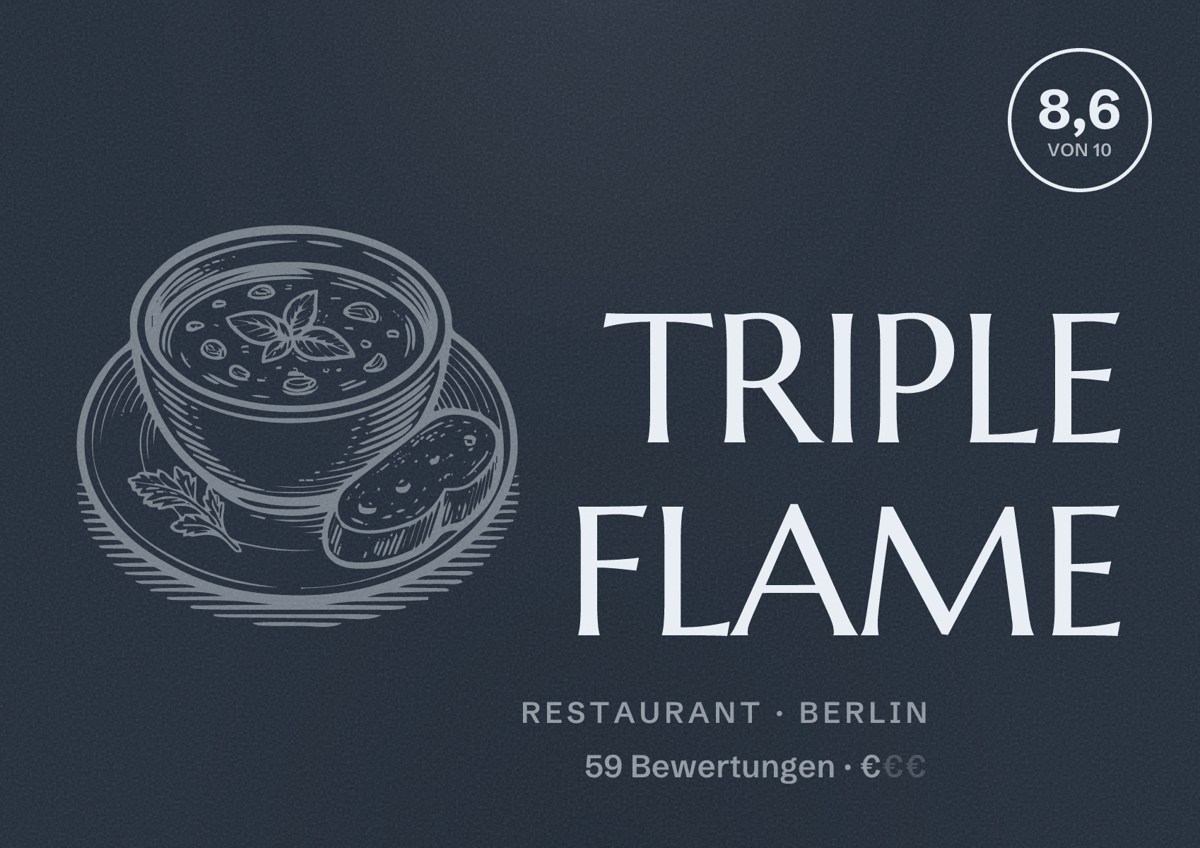 Illustriertes Poster von TRIPLE FLAME, Restaurant in Berlin: Bewertung 8,6 von 10 aus 59 Bewertungen, Preisniveau €