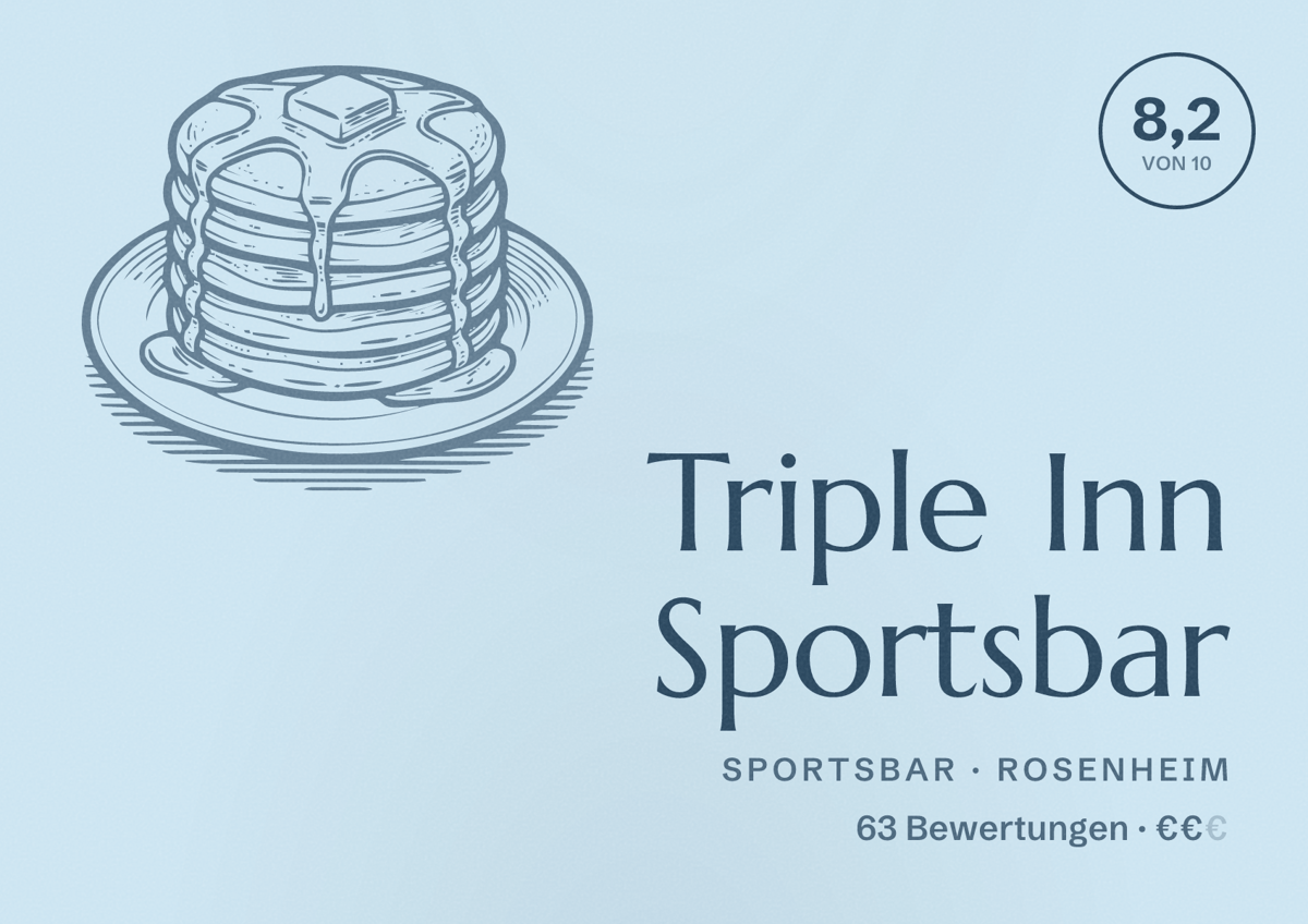 Illustriertes Poster von Triple Inn Sportsbar, Sportsbar in Rosenheim: Bewertung 8,2 von 10 aus 63 Bewertungen, Preisniveau €€