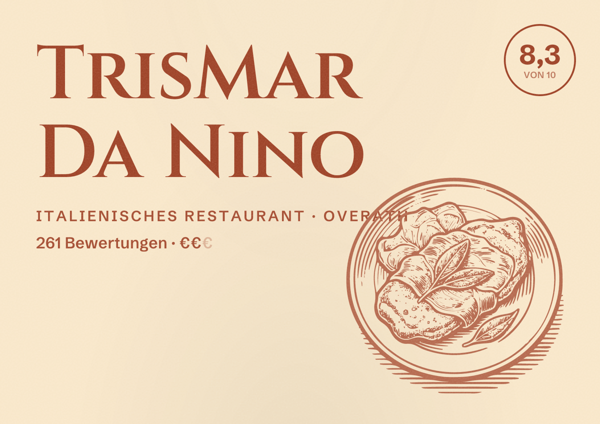 Illustriertes Poster von TrisMar Da Nino, Italienisches Restaurant in Overath: Bewertung 8,3 von 10 aus 261 Bewertungen, Preisniveau €€