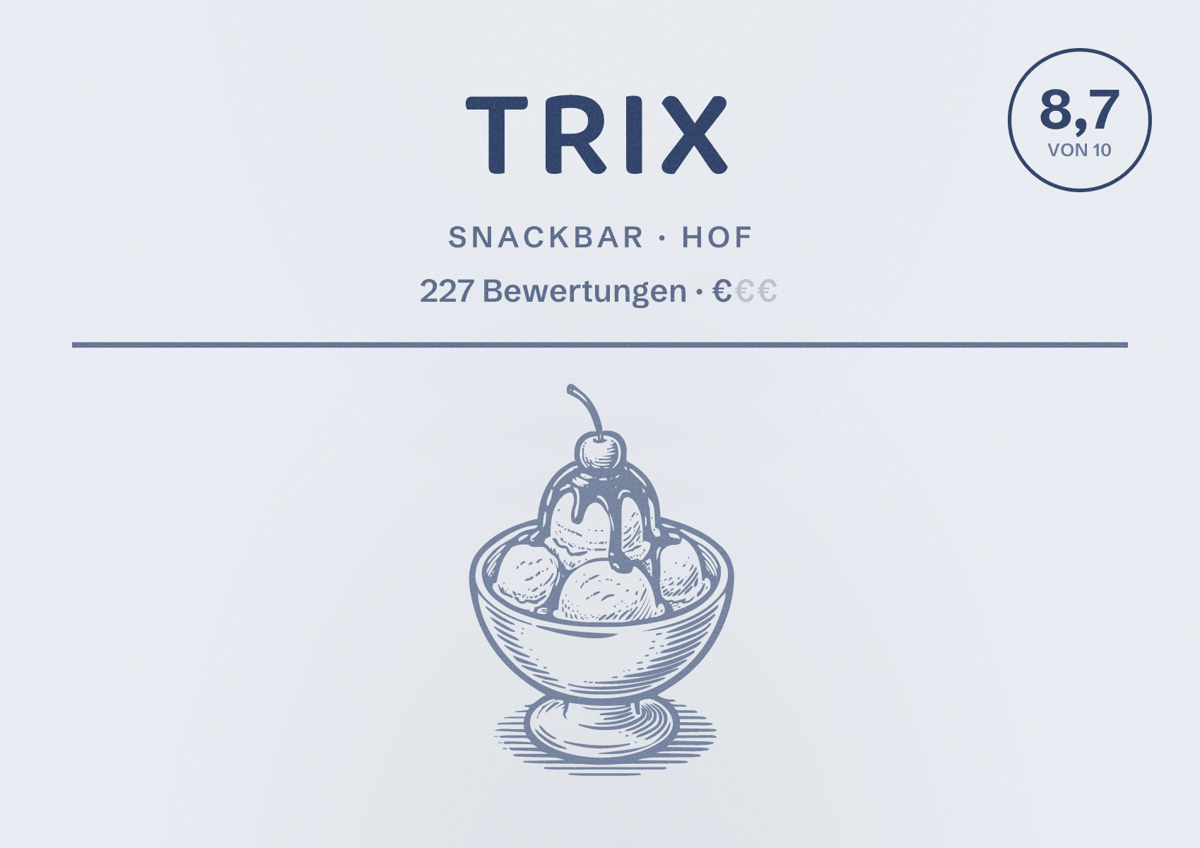 Illustriertes Poster von Trix, Snackbar in Hof: Bewertung 8,7 von 10 aus 227 Bewertungen, Preisniveau €