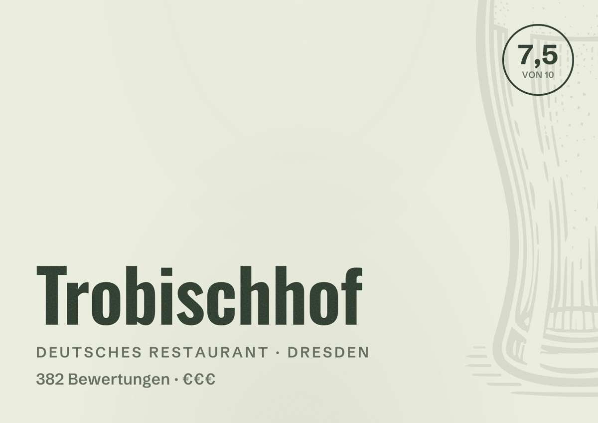 Illustriertes Poster von Trobischhof, Deutsches Restaurant in Dresden: Bewertung 7,5 von 10 aus 382 Bewertungen, Preisniveau €€€