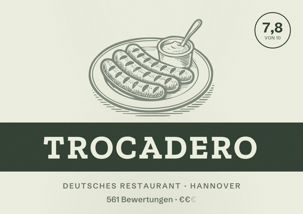 Illustriertes Poster von Trocadero, Deutsches Restaurant in Hannover: Bewertung 7,8 von 10 aus 561 Bewertungen, Preisniveau €€