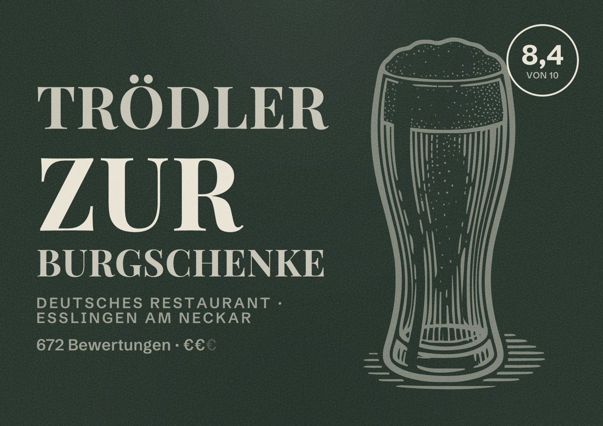 Illustriertes Poster von Trödler zur Burgschenke, Deutsches Restaurant in Esslingen am Neckar: Bewertung 8,4 von 10 aus 672 Bewertungen, Preisniveau €€