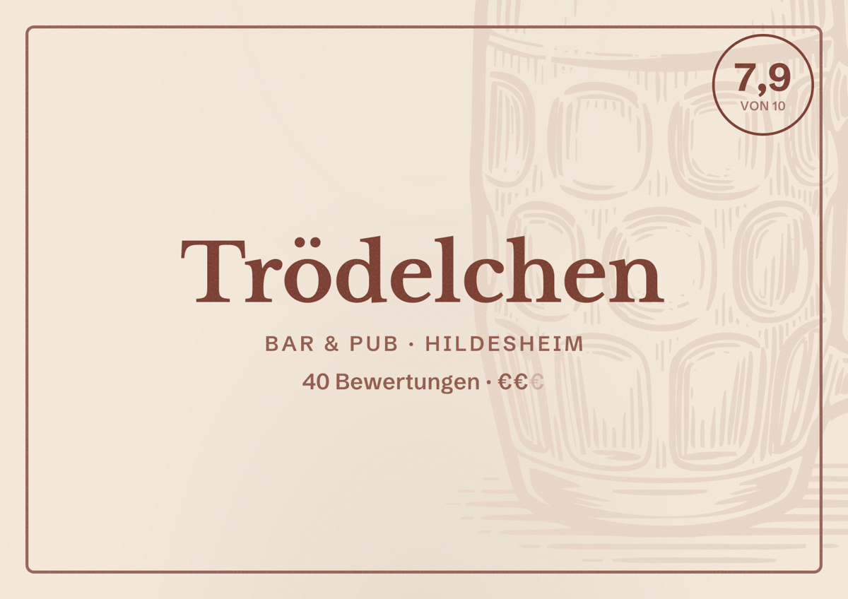 Illustriertes Poster von Trödelchen, Bar & Pub in Hildesheim: Bewertung 7,9 von 10 aus 40 Bewertungen, Preisniveau €€