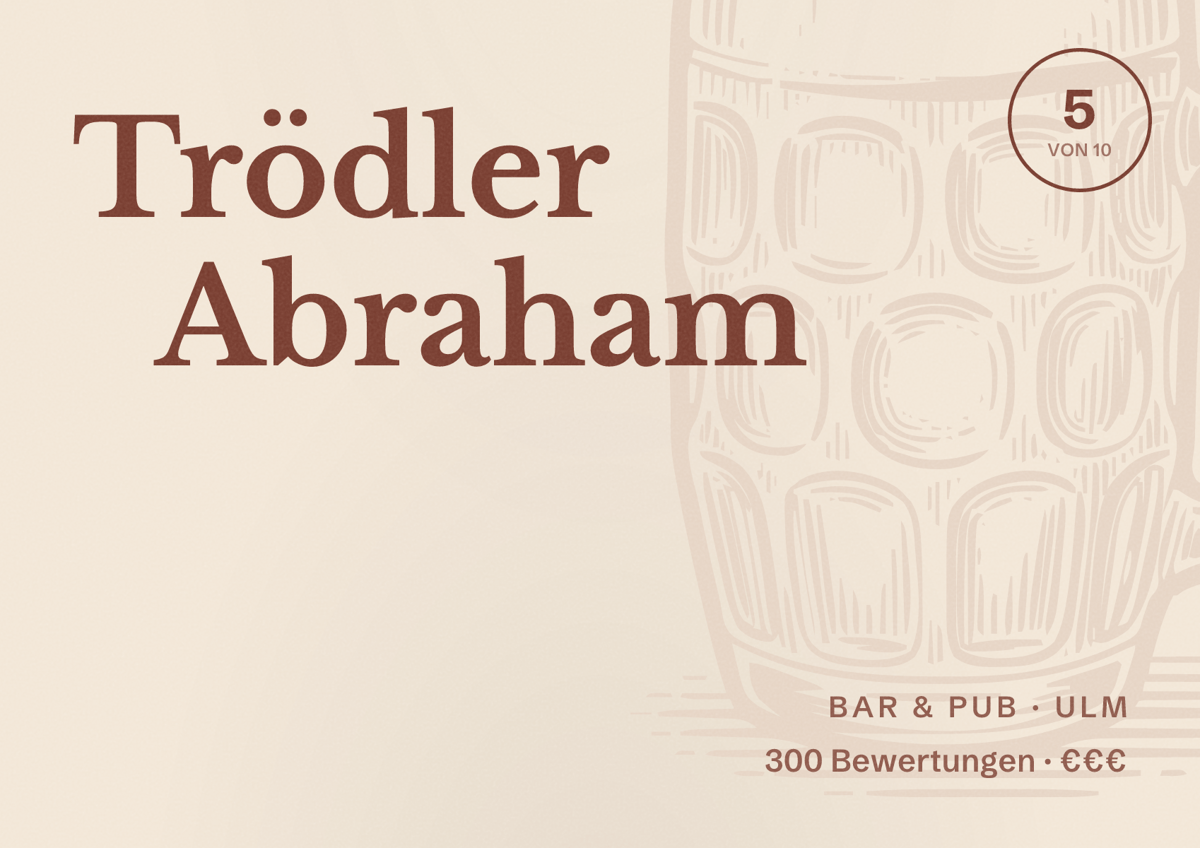 Illustriertes Poster von Trödler Abraham, Bar & Pub in Ulm: Bewertung 5 von 10 aus 300 Bewertungen, Preisniveau €€€