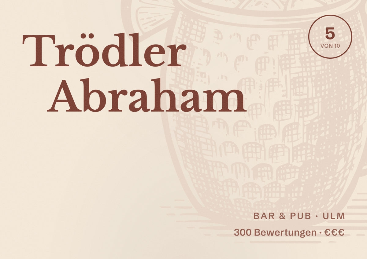 Illustriertes Poster von Trödler Abraham, Bar & Pub in Ulm: Bewertung 5 von 10 aus 300 Bewertungen, Preisniveau €€€