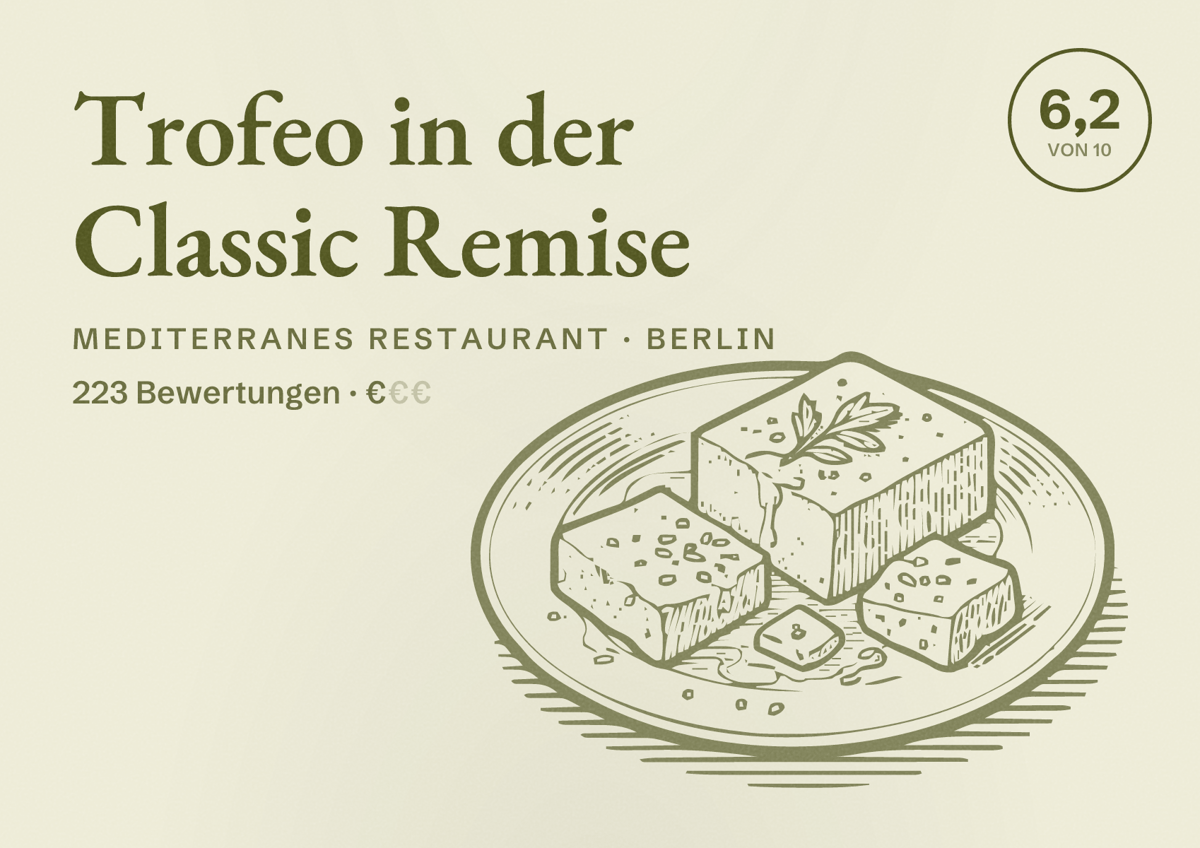 Illustriertes Poster von Trofeo in der Classic Remise, Mediterranes Restaurant in Berlin: Bewertung 6,2 von 10 aus 223 Bewertungen, Preisniveau €