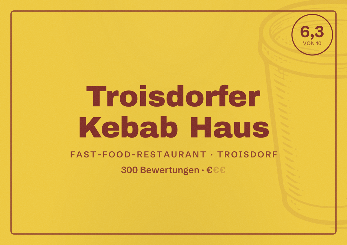 Illustriertes Poster von Troisdorfer Kebab Haus, Fast-Food-Restaurant in Troisdorf: Bewertung 6,3 von 10 aus 300 Bewertungen, Preisniveau €