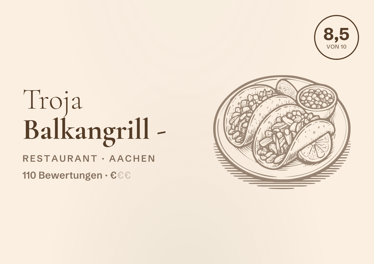 Illustriertes Poster von Troja Balkangrill -, Restaurant in Aachen: Bewertung 8,5 von 10 aus 110 Bewertungen, Preisniveau €
