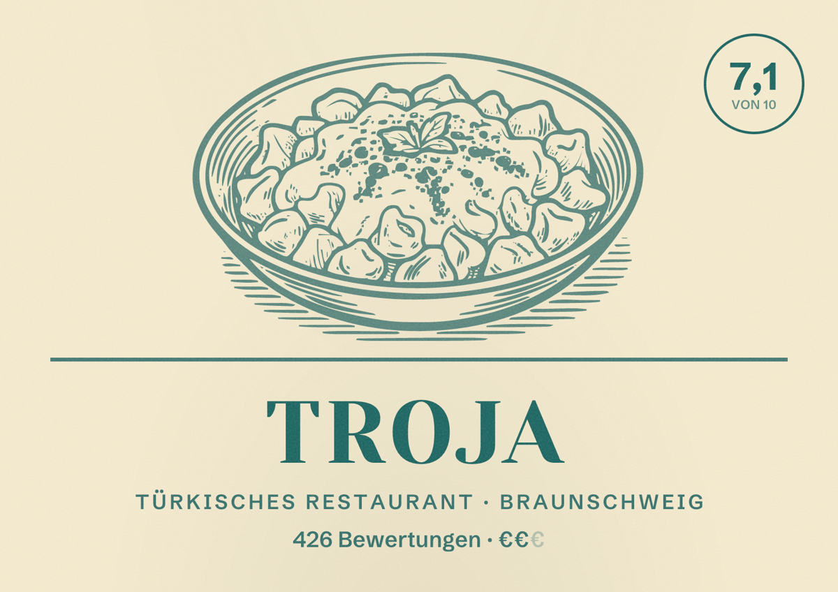 Illustriertes Poster von Troja, Türkisches Restaurant in Braunschweig: Bewertung 7,1 von 10 aus 426 Bewertungen, Preisniveau €€