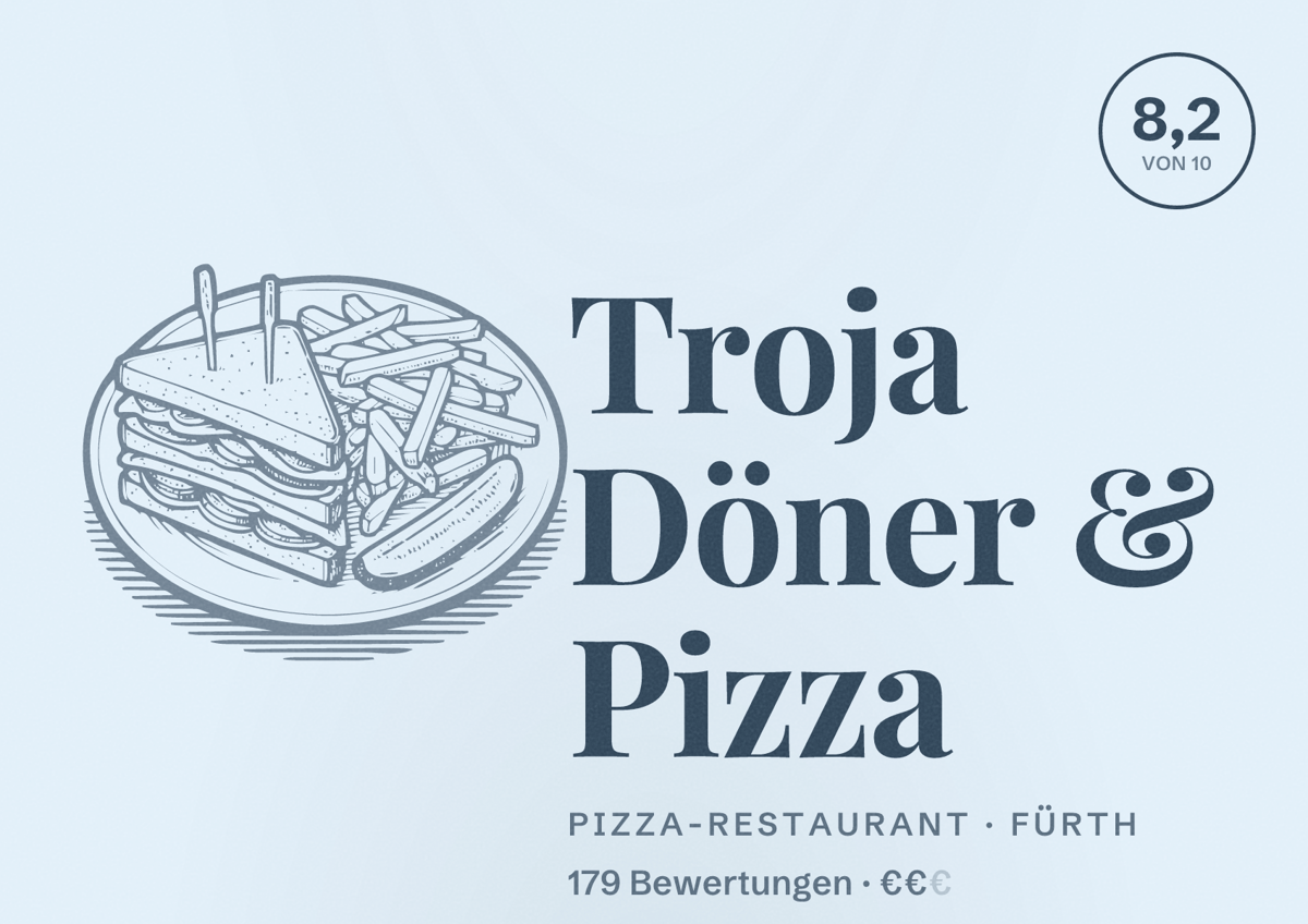 Illustriertes Poster von Troja Döner & Pizza, Pizza-Restaurant in Fürth: Bewertung 8,2 von 10 aus 179 Bewertungen, Preisniveau €€
