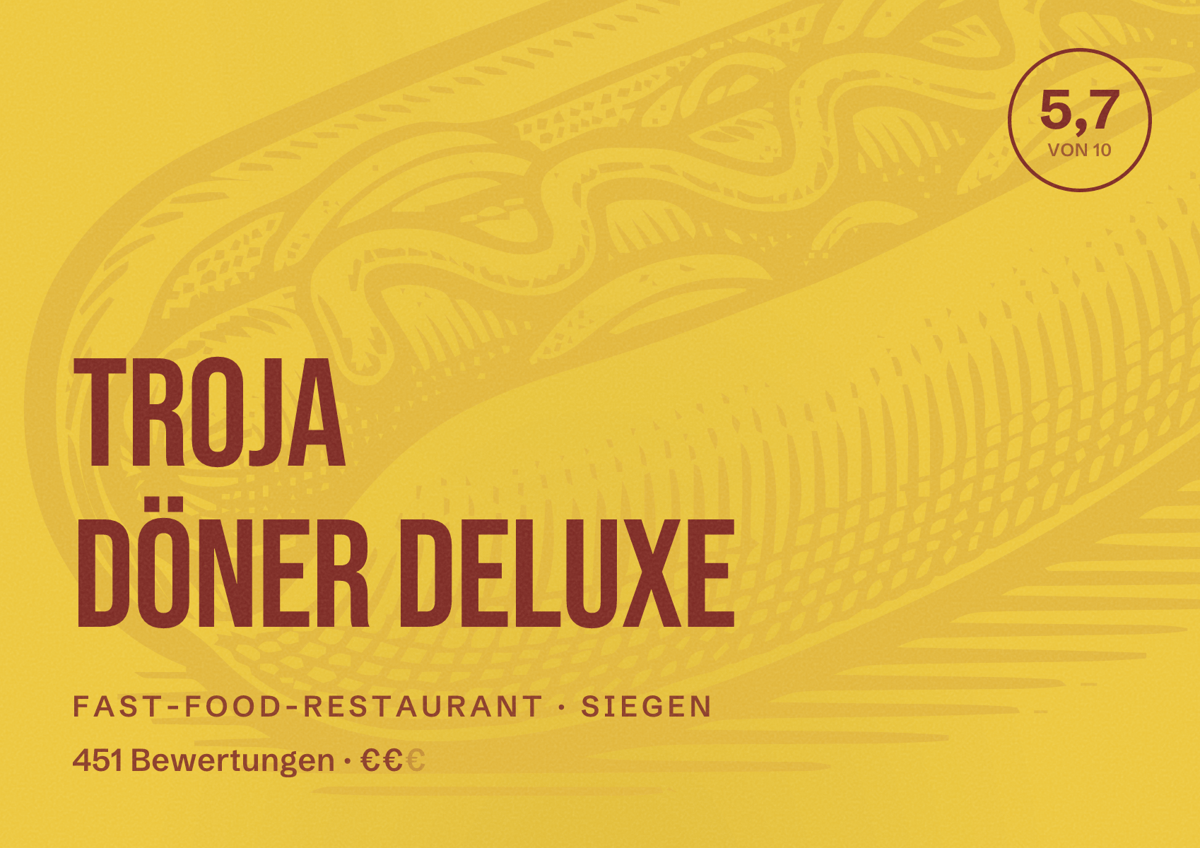 Illustriertes Poster von Troja Döner Deluxe, Fast-Food-Restaurant in Siegen: Bewertung 5,7 von 10 aus 451 Bewertungen, Preisniveau €€