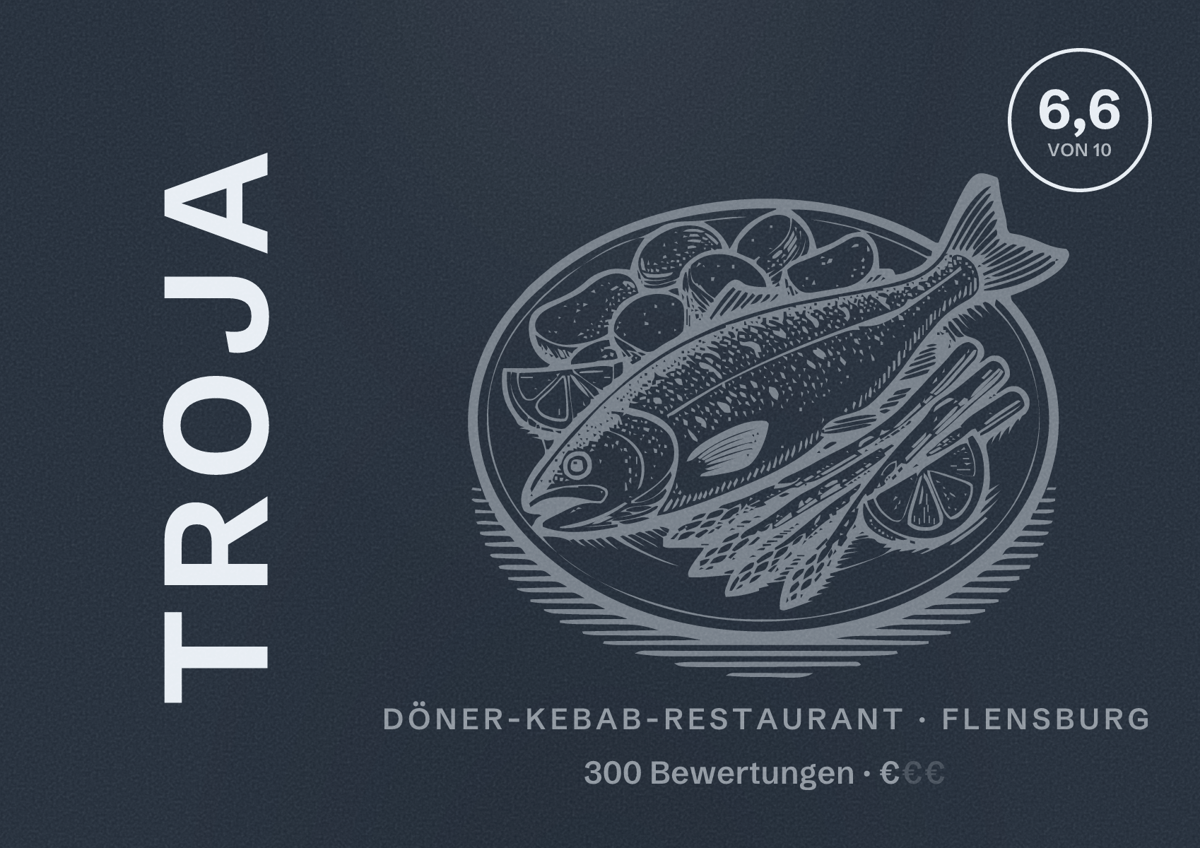 Illustriertes Poster von Troja, Döner-Kebab-Restaurant in Flensburg: Bewertung 6,6 von 10 aus 300 Bewertungen, Preisniveau €