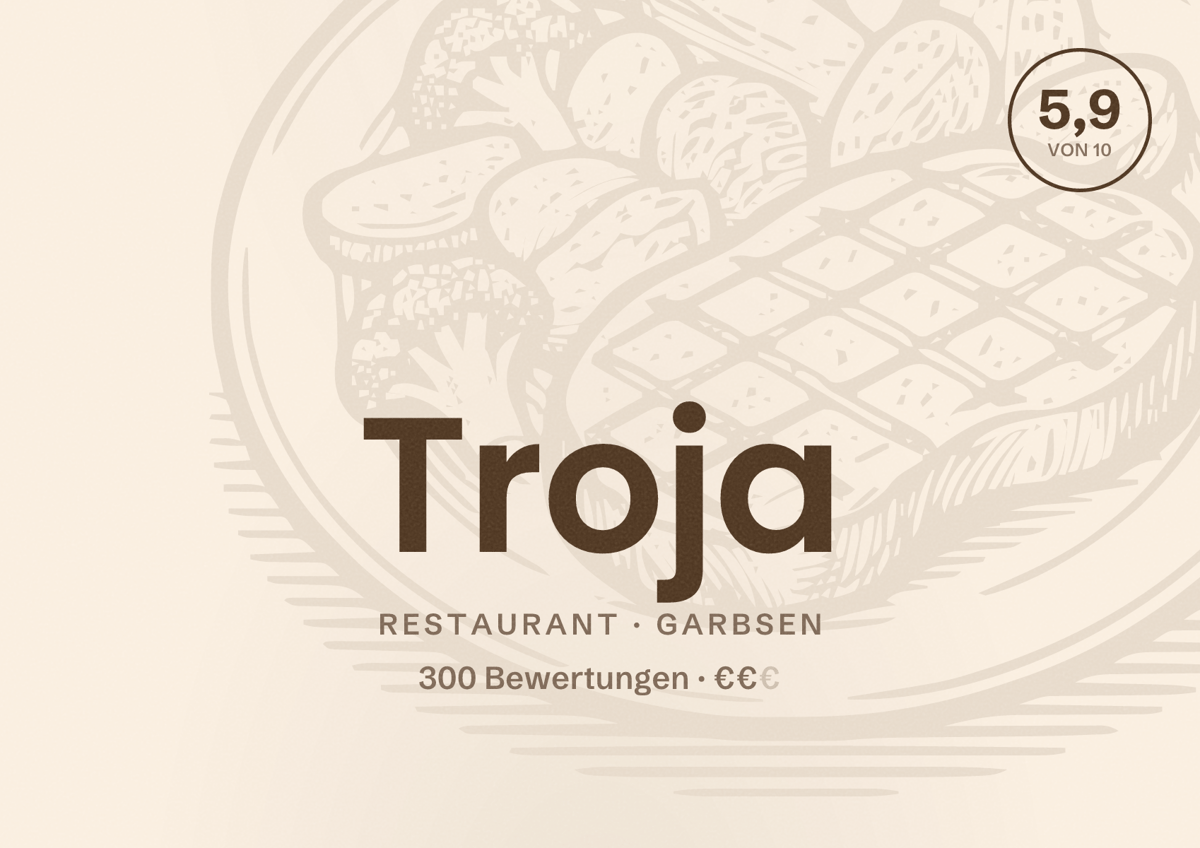 Illustriertes Poster von Troja, Restaurant in Garbsen: Bewertung 5,9 von 10 aus 300 Bewertungen, Preisniveau €€