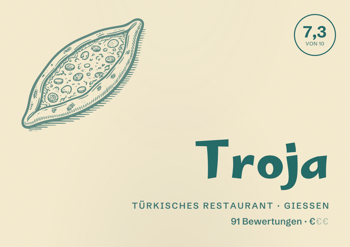 Illustriertes Poster von Troja, Türkisches Restaurant in Gießen: Bewertung 7,3 von 10 aus 91 Bewertungen, Preisniveau €