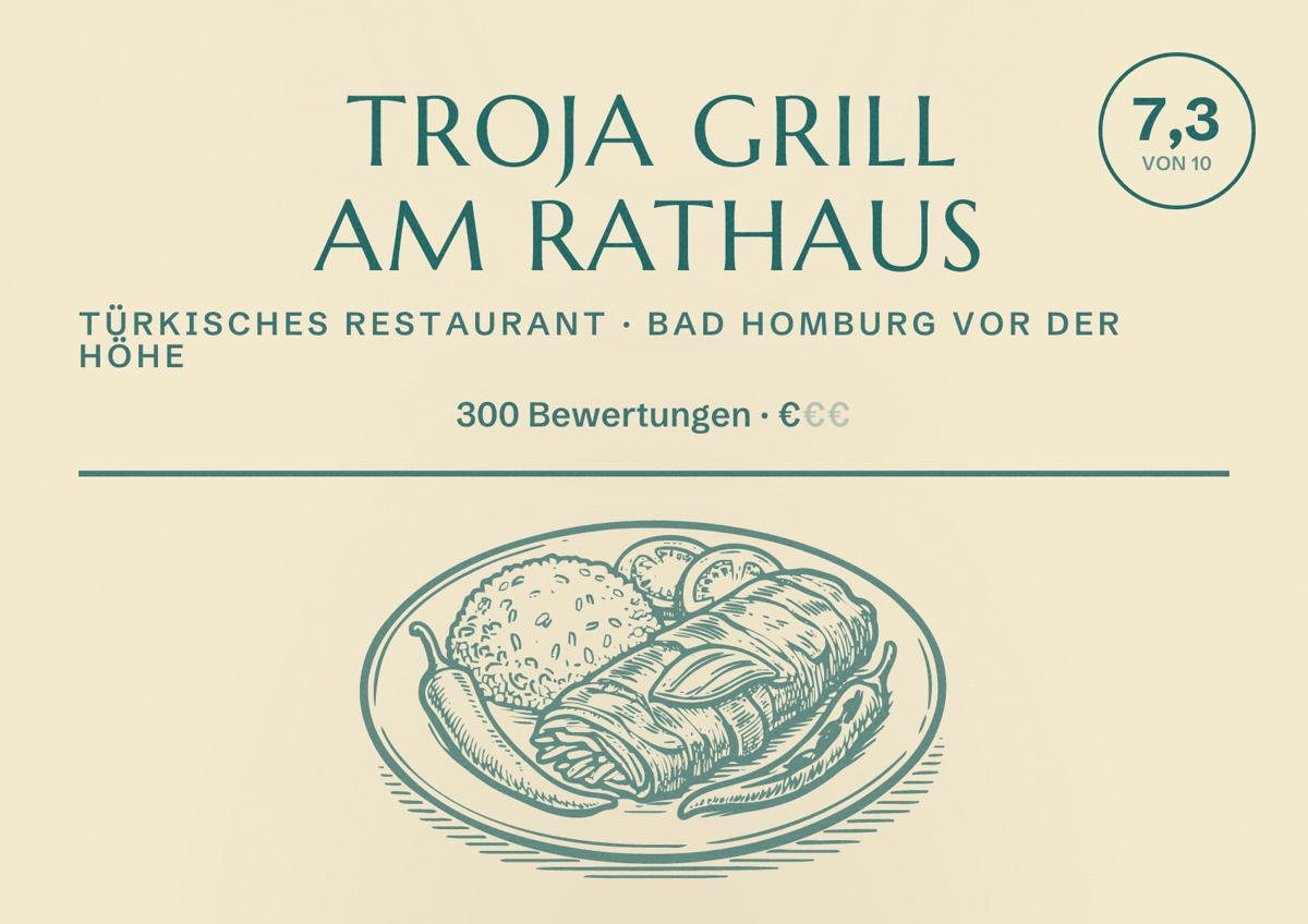 Illustriertes Poster von Troja Grill am Rathaus, Türkisches Restaurant in Bad Homburg vor der Höhe: Bewertung 7,3 von 10 aus 300 Bewertungen, Preisniveau €