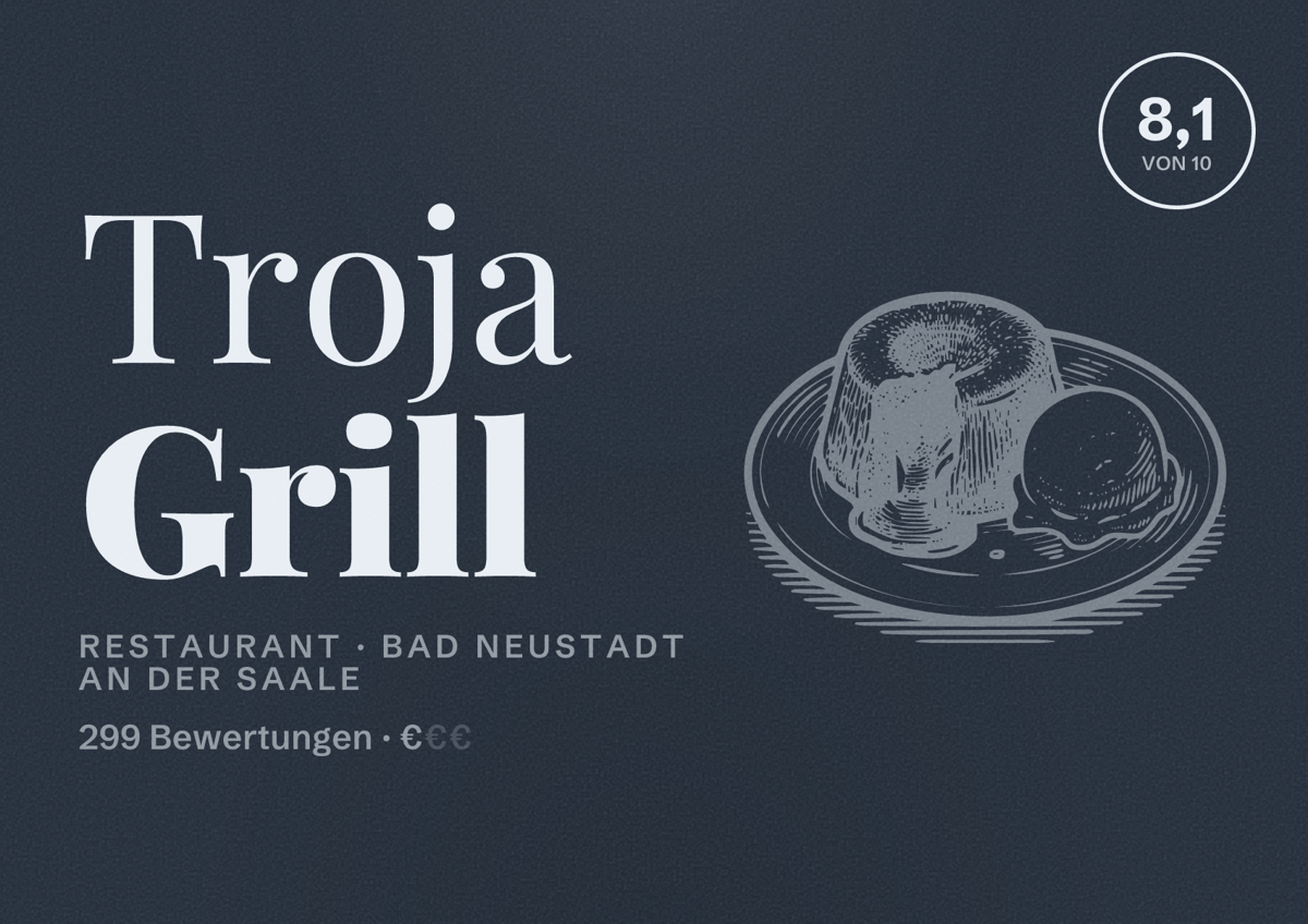 Illustriertes Poster von Troja Grill, Restaurant in Bad Neustadt an der Saale: Bewertung 8,1 von 10 aus 299 Bewertungen, Preisniveau €