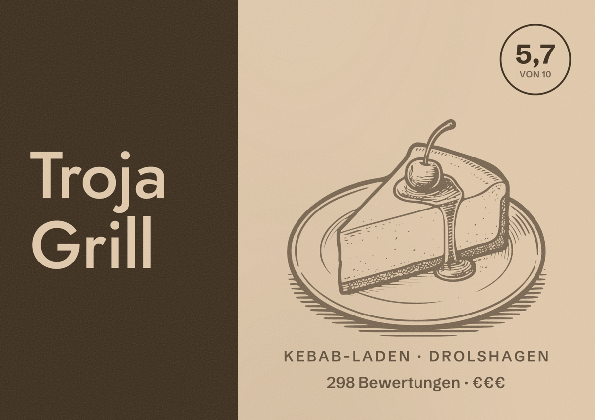 Illustriertes Poster von Troja Grill, Kebab-Laden in Drolshagen: Bewertung 5,7 von 10 aus 298 Bewertungen, Preisniveau €€€