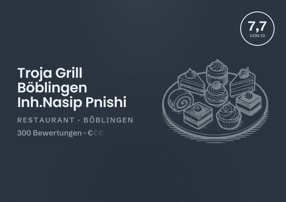 Illustriertes Poster von Troja Grill Böblingen Inh.Nasip Pnishi, Restaurant in Böblingen: Bewertung 7,7 von 10 aus 300 Bewertungen, Preisniveau €