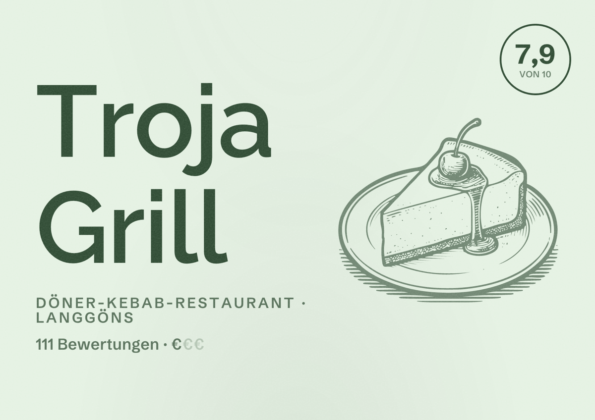 Illustriertes Poster von Troja Grill, Döner-Kebab-Restaurant in Langgöns: Bewertung 7,9 von 10 aus 111 Bewertungen, Preisniveau €