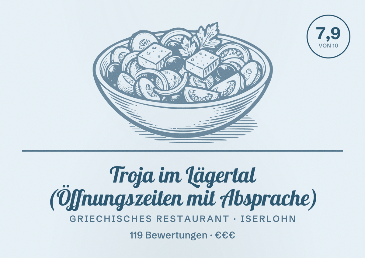 Illustriertes Poster von Troja im Lägertal (Öffnungszeiten mit Absprache), Griechisches Restaurant in Iserlohn: Bewertung 7,9 von 10 aus 119 Bewertungen, Preisniveau €€€