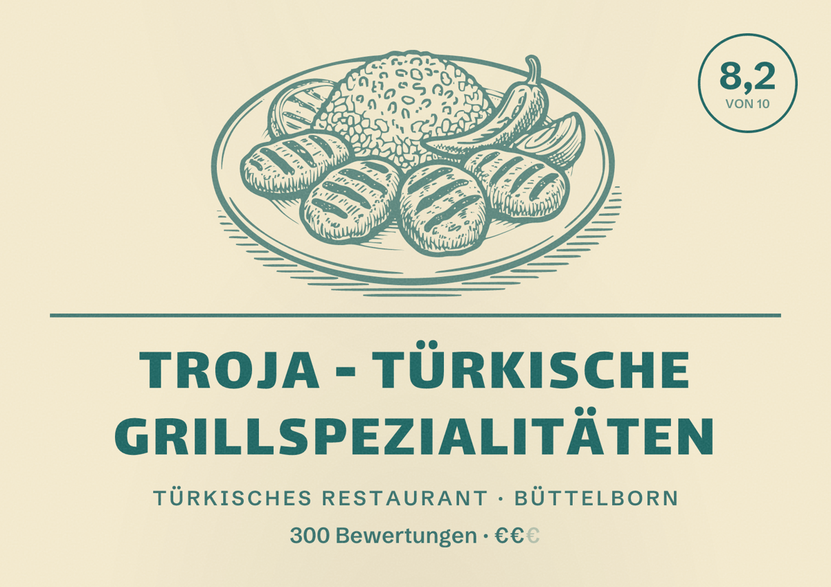 Illustriertes Poster von Troja - Türkische Grillspezialitäten, Türkisches Restaurant in Büttelborn: Bewertung 8,2 von 10 aus 300 Bewertungen, Preisniveau €€