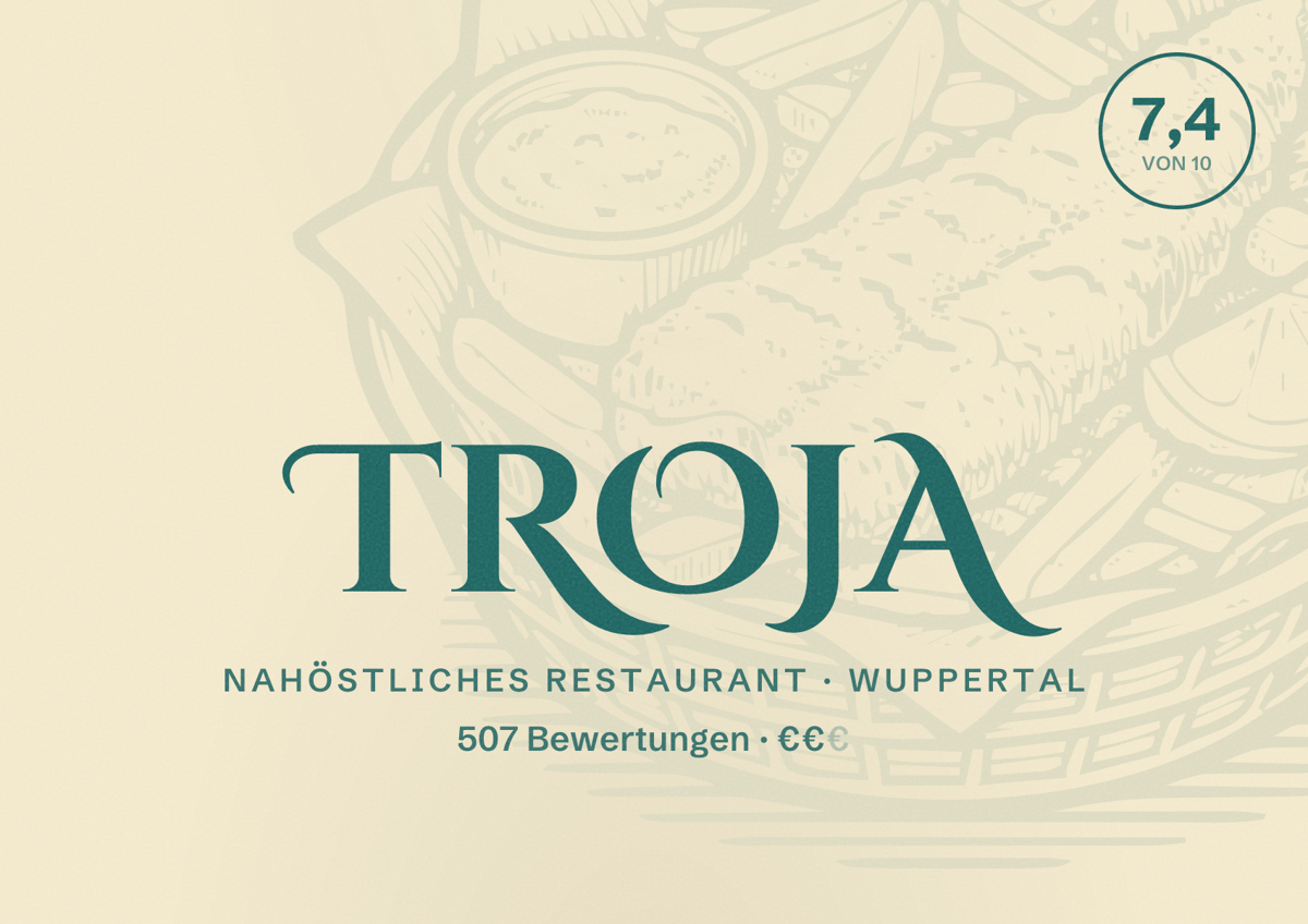 Illustriertes Poster von TROJA, Nahöstliches Restaurant in Wuppertal: Bewertung 7,4 von 10 aus 507 Bewertungen, Preisniveau €€