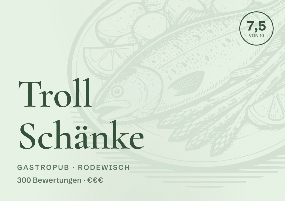 Illustriertes Poster von Troll Schänke, Gastropub in Rodewisch: Bewertung 7,5 von 10 aus 300 Bewertungen, Preisniveau €€€