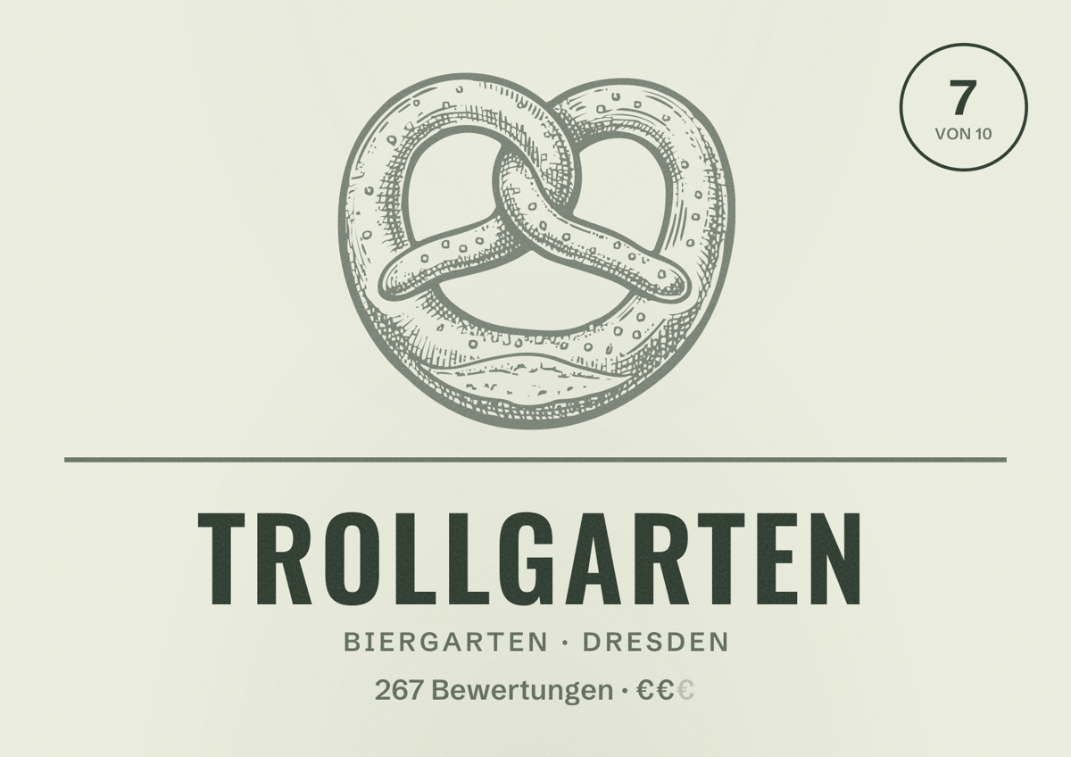 Illustriertes Poster von Trollgarten, Biergarten in Dresden: Bewertung 7,0 von 10 aus 267 Bewertungen, Preisniveau €€