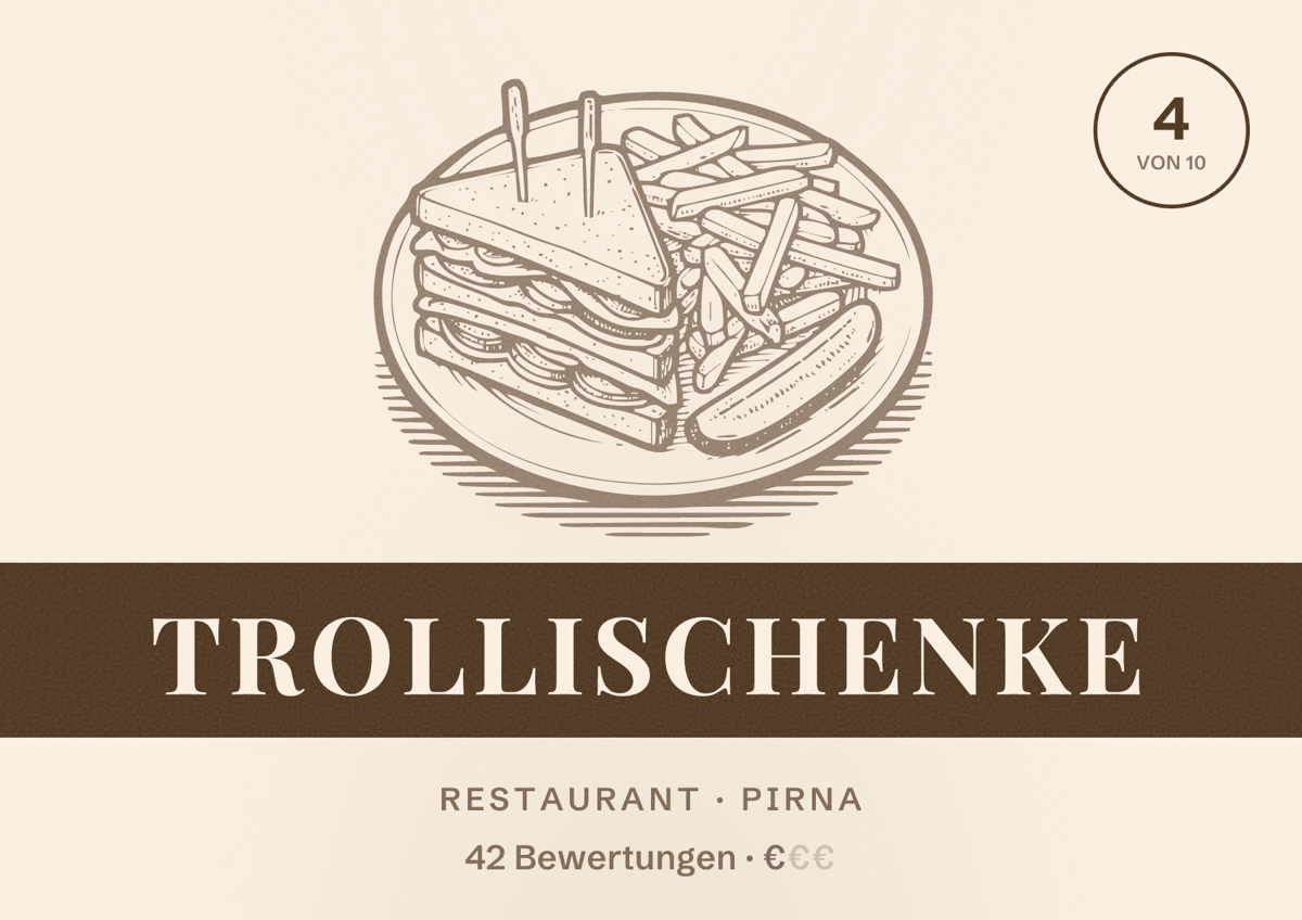 Illustriertes Poster von Trollischenke, Restaurant in Pirna: Bewertung 4 von 10 aus 42 Bewertungen, Preisniveau €