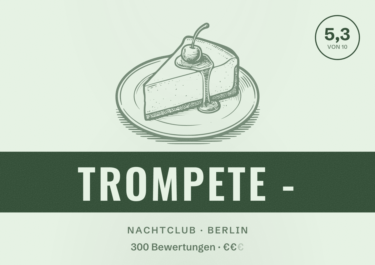 Illustriertes Poster von Trompete -, Nachtclub in Berlin: Bewertung 5,3 von 10 aus 300 Bewertungen, Preisniveau €€