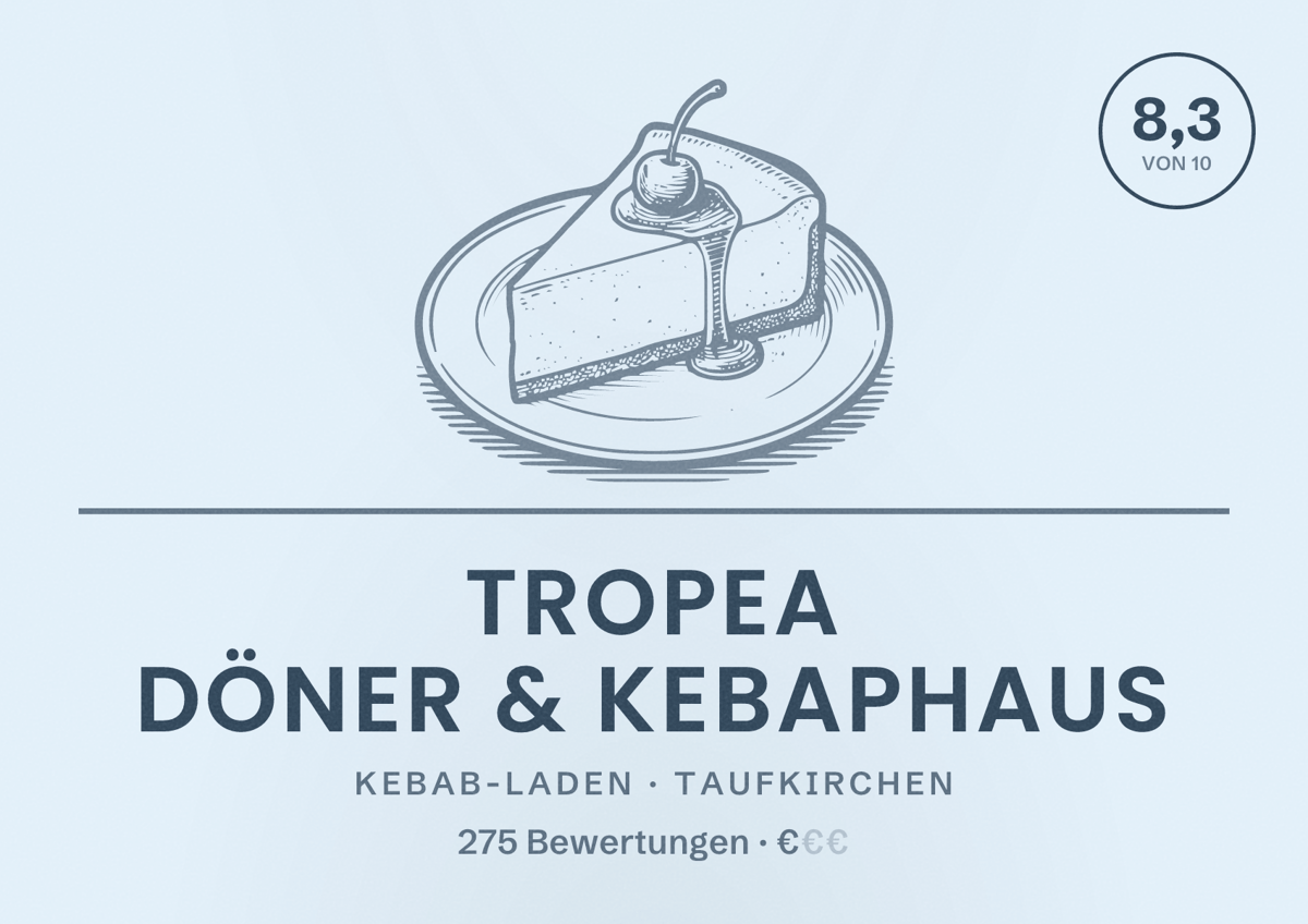 Illustriertes Poster von Tropea Döner & Kebaphaus, Kebab-Laden in Taufkirchen: Bewertung 8,3 von 10 aus 275 Bewertungen, Preisniveau €