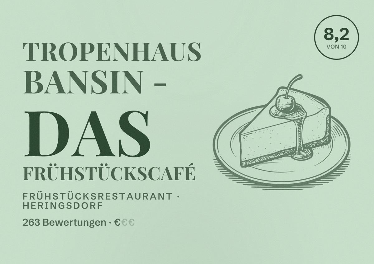 Illustriertes Poster von Tropenhaus Bansin - Das Frühstückscafé, Frühstücksrestaurant in Heringsdorf: Bewertung 8,2 von 10 aus 263 Bewertungen, Preisniveau €