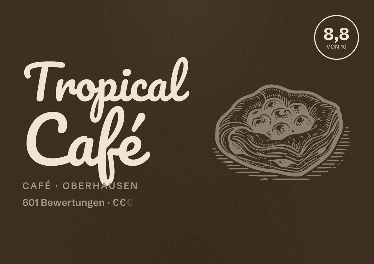 Illustriertes Poster von Tropical Café, Café in Oberhausen: Bewertung 8,8 von 10 aus 601 Bewertungen, Preisniveau €€