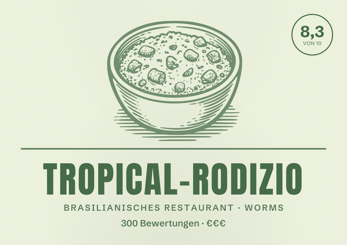 Illustriertes Poster von Tropical-Rodizio, Brasilianisches Restaurant in Worms: Bewertung 8,3 von 10 aus 300 Bewertungen, Preisniveau €€€