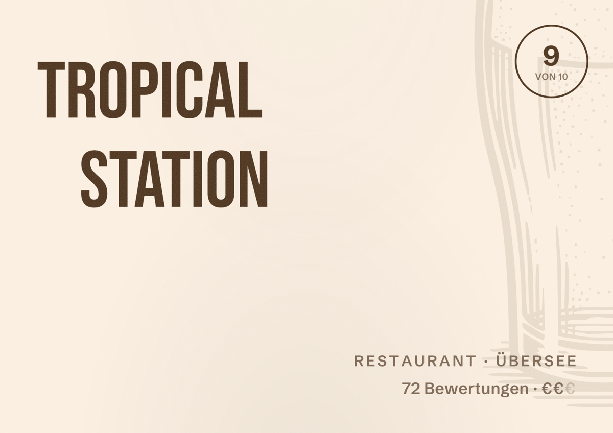 Illustriertes Poster von Tropical Station, Restaurant in Übersee: Bewertung 9 von 10 aus 72 Bewertungen, Preisniveau €€
