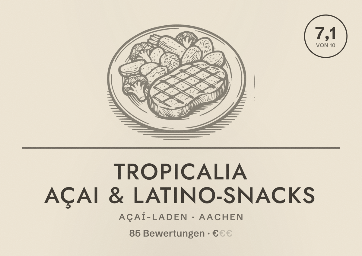 Illustriertes Poster von Tropicalia Açai & Latino-Snacks, Açaí-Laden in Aachen: Bewertung 7,1 von 10 aus 85 Bewertungen, Preisniveau €