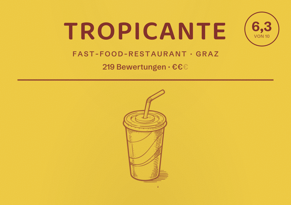 Illustriertes Poster von Tropicante, Fast-Food-Restaurant in Graz: Bewertung 6,3 von 10 aus 219 Bewertungen, Preisniveau €€