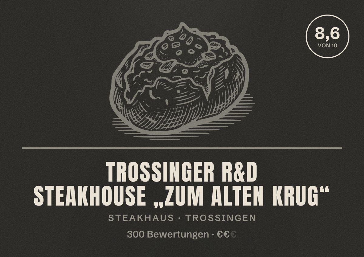 Illustriertes Poster von Trossinger R&D Steakhouse „Zum alten Krug“, Steakhaus in Trossingen: Bewertung 8,6 von 10 aus 300 Bewertungen, Preisniveau €€