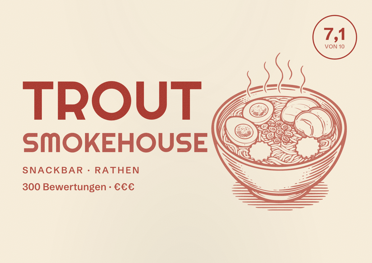 Illustriertes Poster von Trout Smokehouse, Snackbar in Rathen: Bewertung 7,1 von 10 aus 300 Bewertungen, Preisniveau €€€