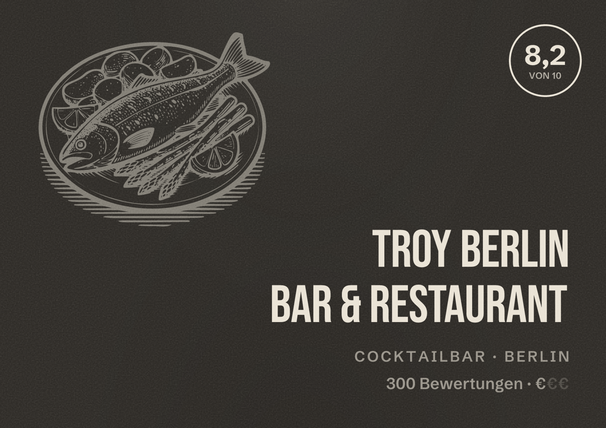 Illustriertes Poster von Troy Berlin Bar & Restaurant, Cocktailbar in Berlin: Bewertung 8,2 von 10 aus 300 Bewertungen, Preisniveau €