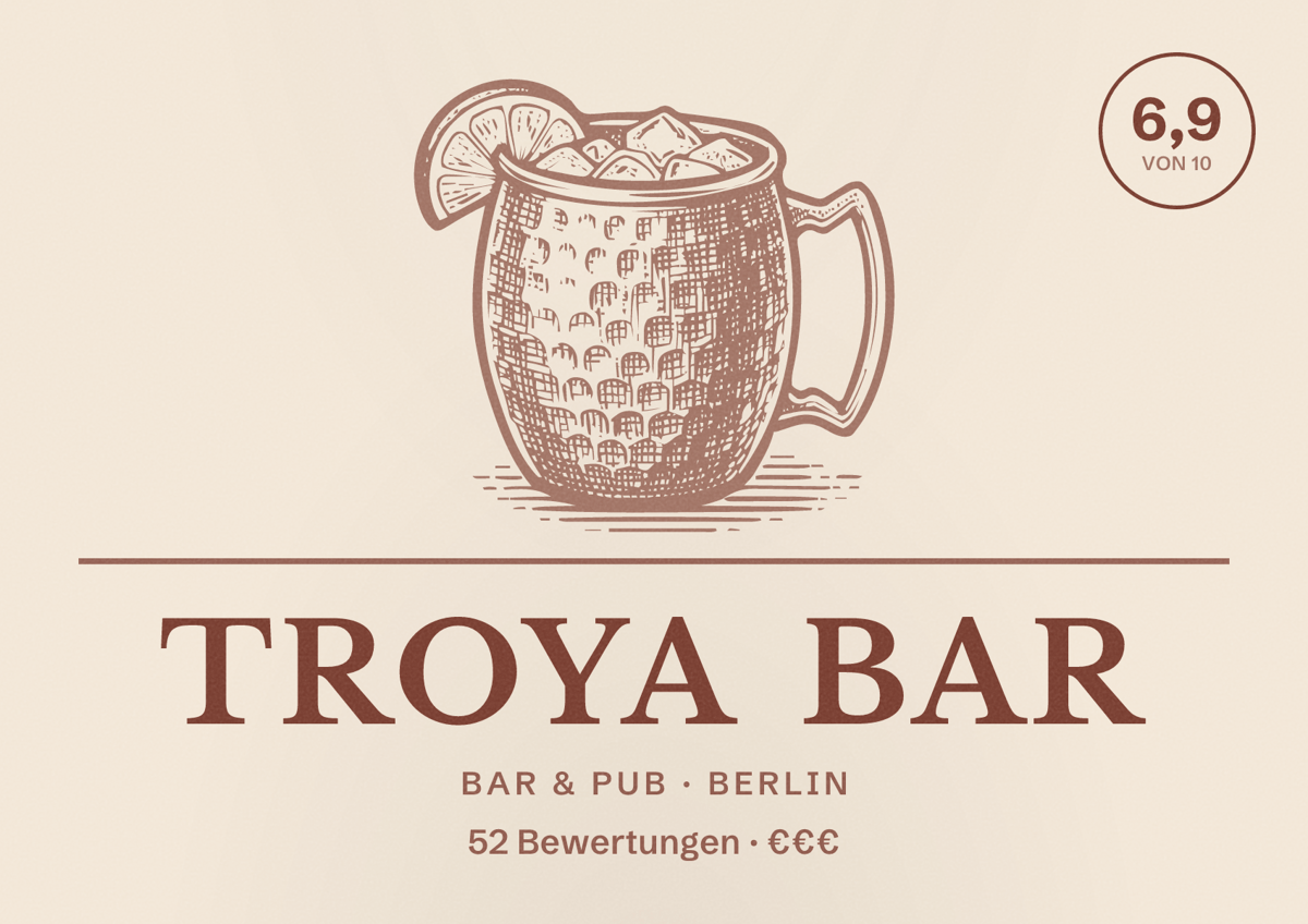 Illustriertes Poster von TROYA Bar, Bar & Pub in Berlin: Bewertung 6,9 von 10 aus 52 Bewertungen, Preisniveau €€€