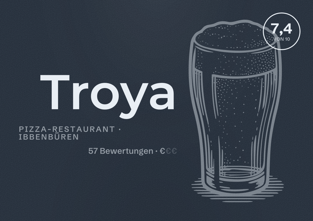 Illustriertes Poster von Troya, Pizza-Restaurant in Ibbenbüren: Bewertung 7,4 von 10 aus 57 Bewertungen, Preisniveau €