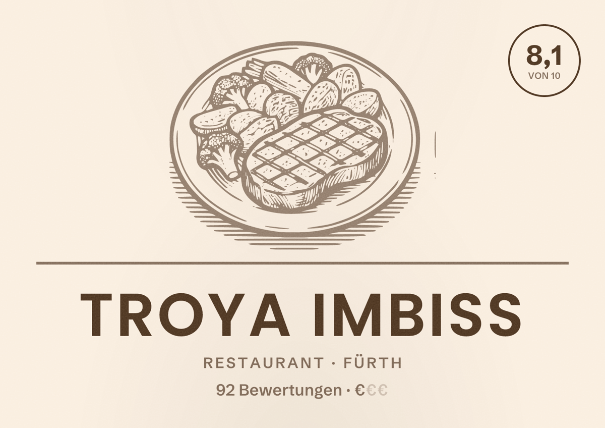 Illustriertes Poster von Troya Imbiss, Restaurant in Fürth: Bewertung 8,1 von 10 aus 92 Bewertungen, Preisniveau €