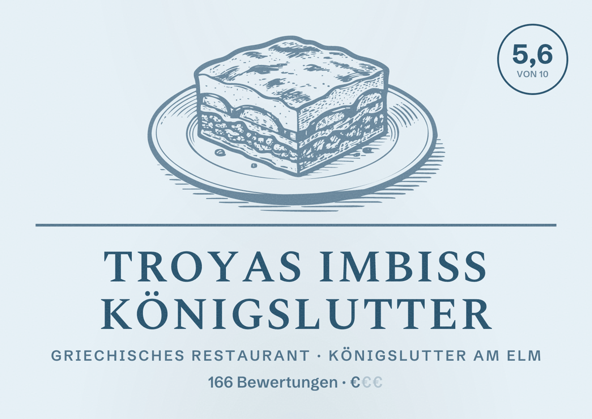 Illustriertes Poster von Troyas Imbiss Königslutter, Griechisches Restaurant in Königslutter am Elm: Bewertung 5,6 von 10 aus 166 Bewertungen, Preisniveau €