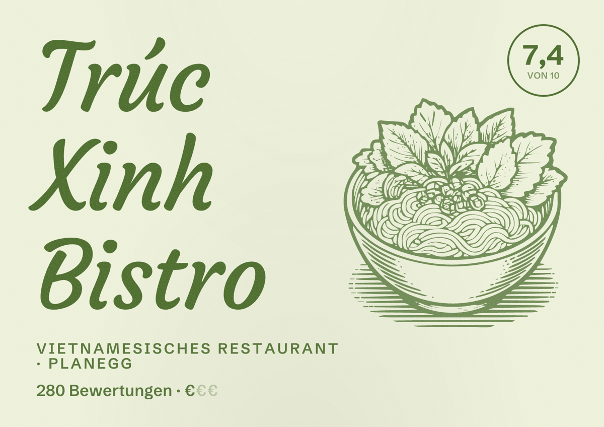 Illustriertes Poster von Trúc Xinh Bistro, Vietnamesisches Restaurant in Planegg: Bewertung 7,4 von 10 aus 280 Bewertungen, Preisniveau €