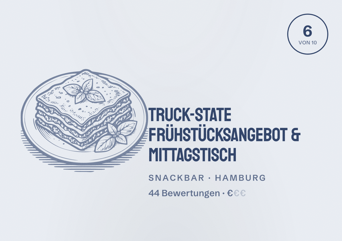 Illustriertes Poster von TRUCK-STATE Frühstücksangebot & Mittagstisch, Snackbar in Hamburg: Bewertung 6 von 10 aus 44 Bewertungen, Preisniveau €